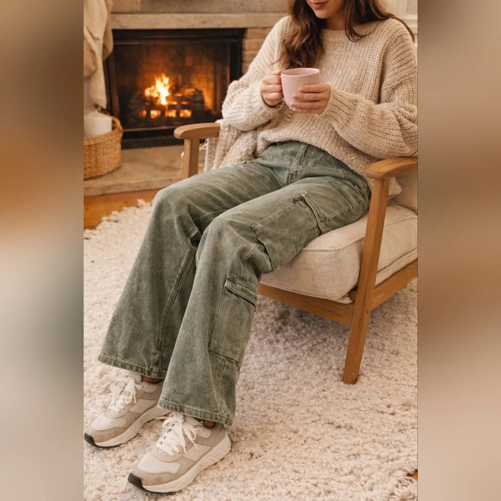 Tinseltown Green High Rise Wide Leg Cargo Pants Cozy Casual Chic Streetwear
